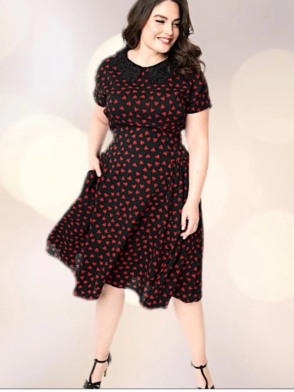 Unique Vintage Margie 1940s Heart Print Midi Dress Black Red Lace Collar 2X - Picture 2 of 9